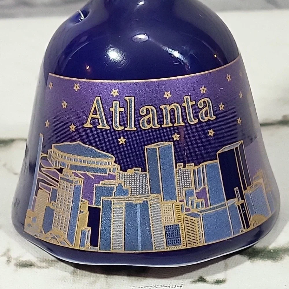 Atlanta Souvenir Bell City Skyline Georgia Travel Painted Porcelain Vtg Blue